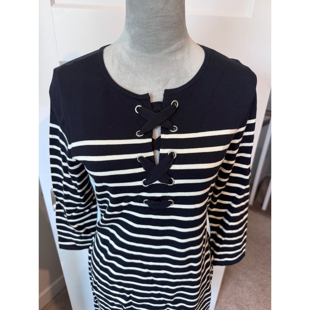 Talbots Navy nautical White Striped Lace Up Grommet Midi Sweater Dress NWT Med - Picture 2 of 9